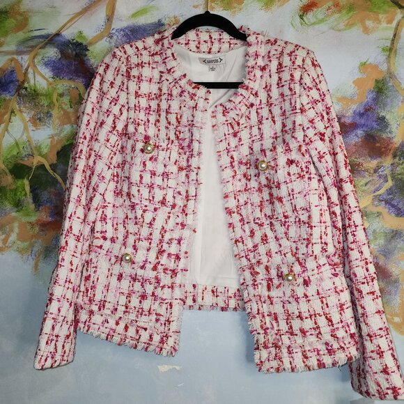 Nanette Lepore Women's Tweed Jacket Pearl Button Accents Fringe Details Size 6 - Picture 1 of 11